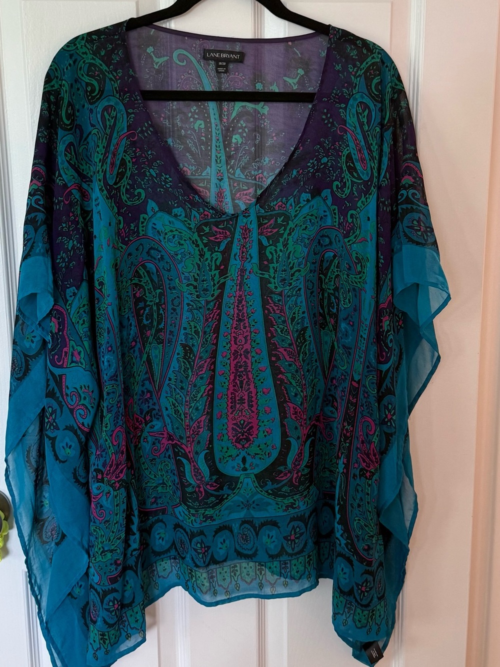 Lane Bryant Teal, Purple & Pink Paisley V-Neck Flutter Tunic